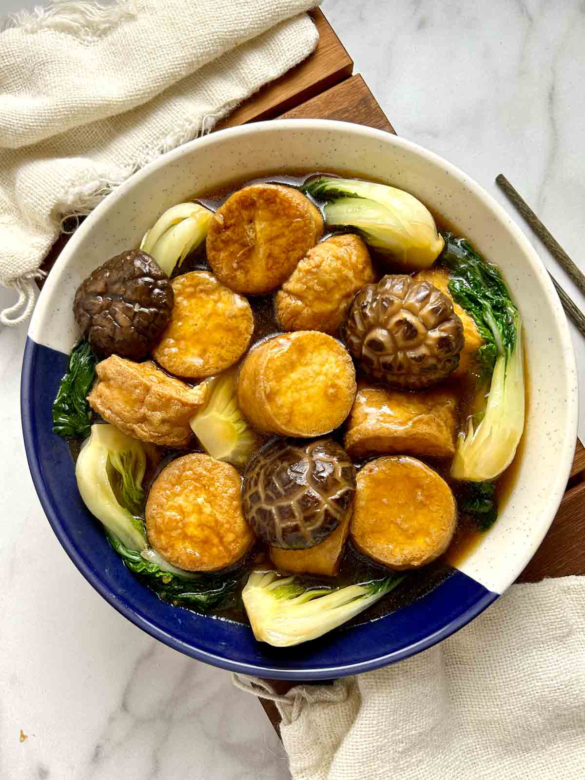 overhead shot of braised egg tofu in dish.