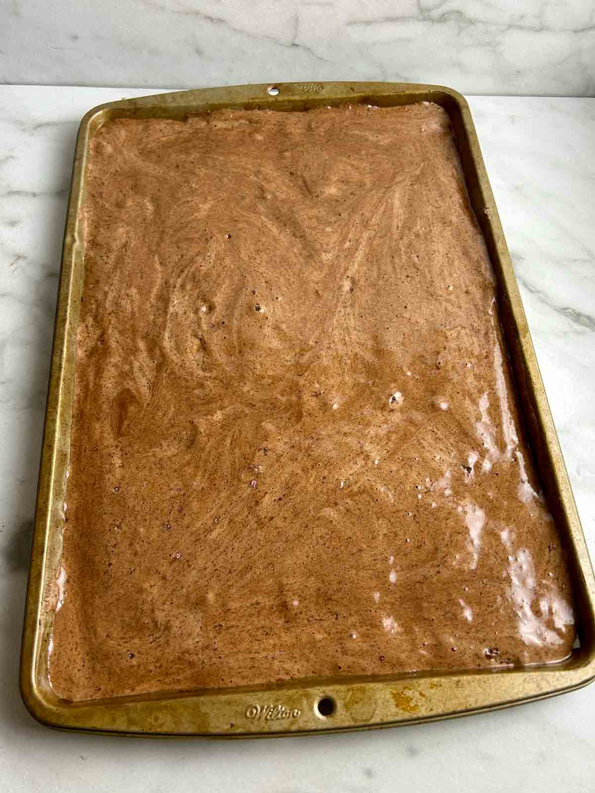 cake batter spread into baking pan.