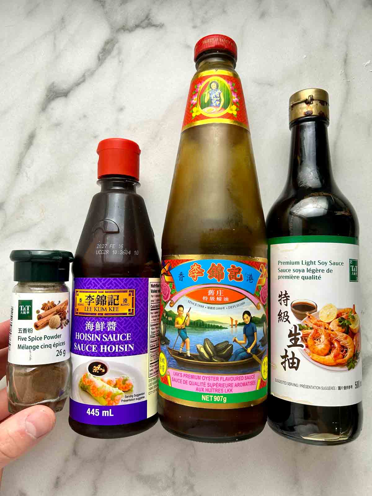 five spice powder, hoisin sauce, oyster sauce, and soy sauce.