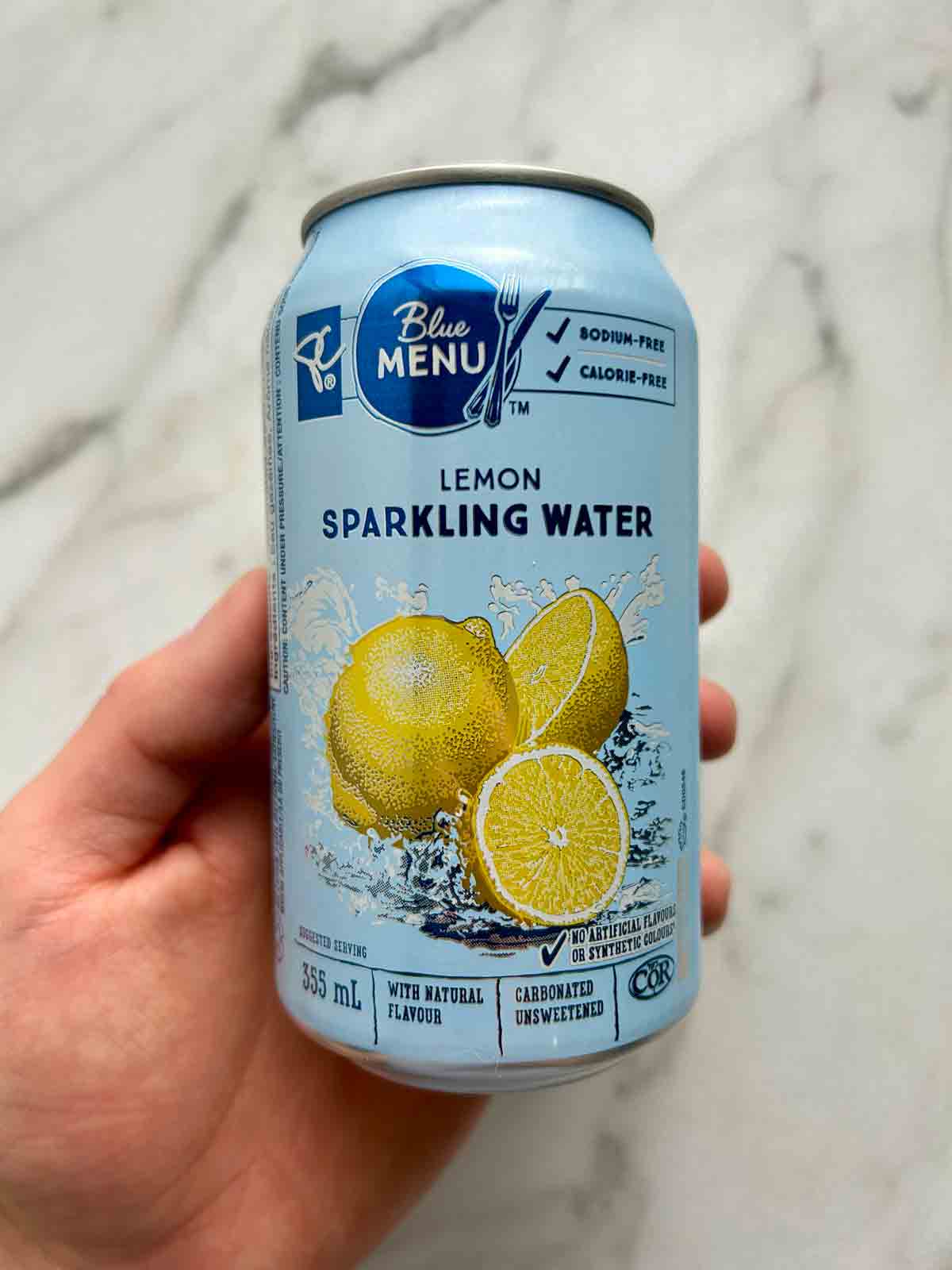 can of lemon flavored sparkling water.