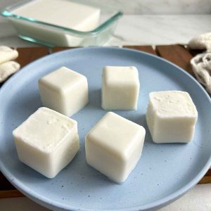 cubes of coconut pudding on plate.