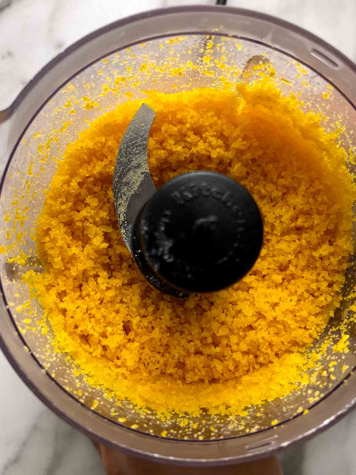 salted egg yolks blended in food processor.