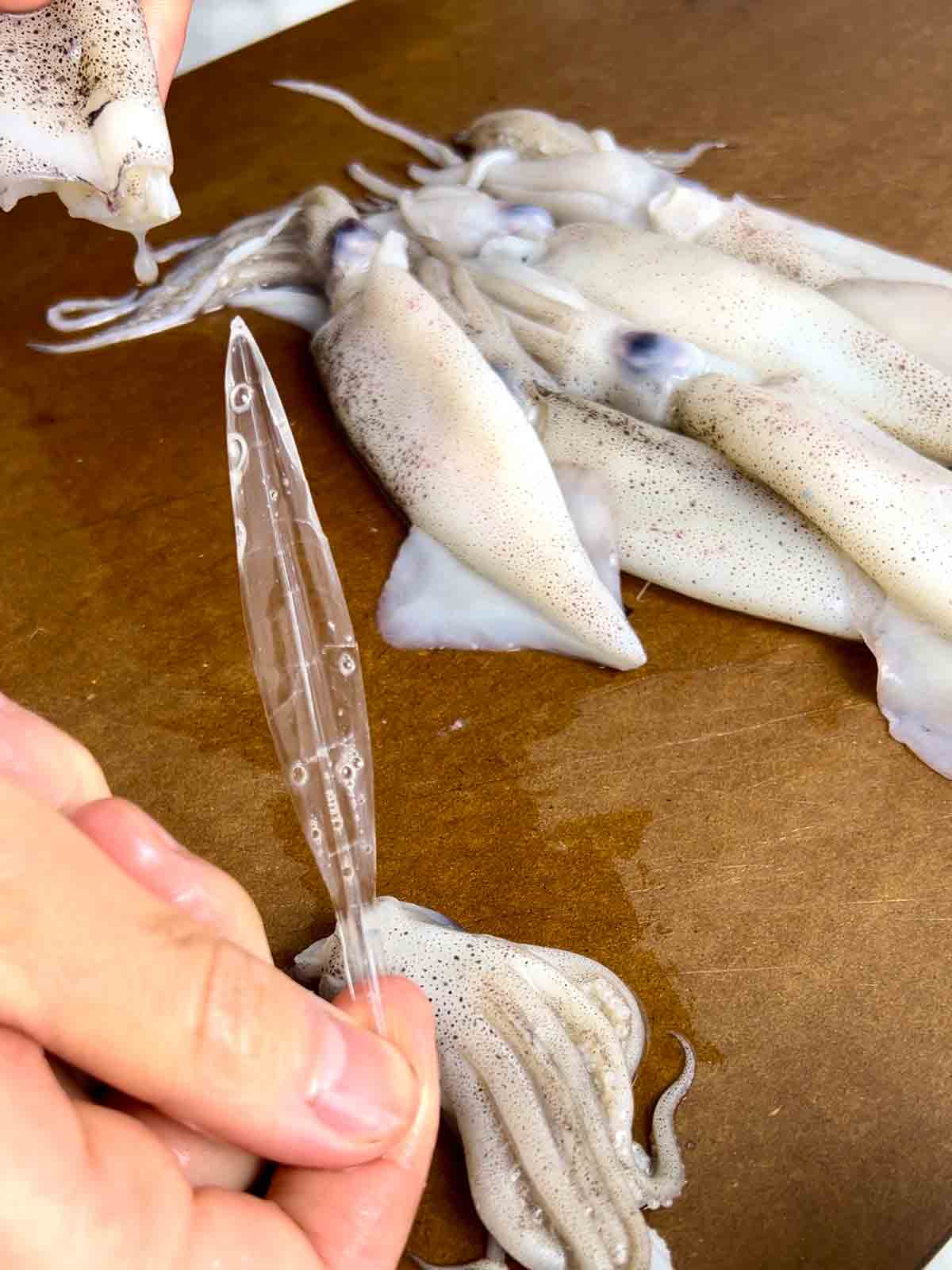 hand pulling beak out of calamari trunk.