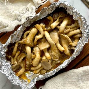 air-fried soy butter oyster mushrooms in tin foil pouch.