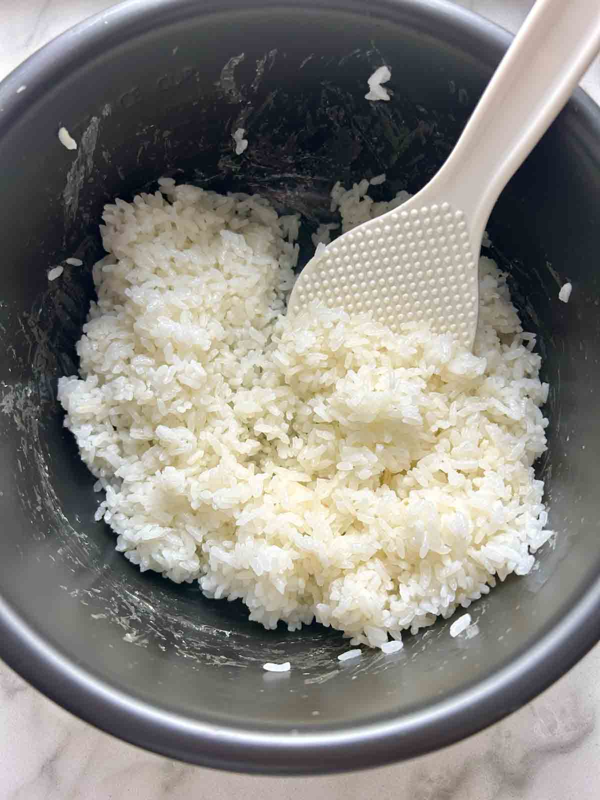 cooked sushi rice in rice cooker pot.