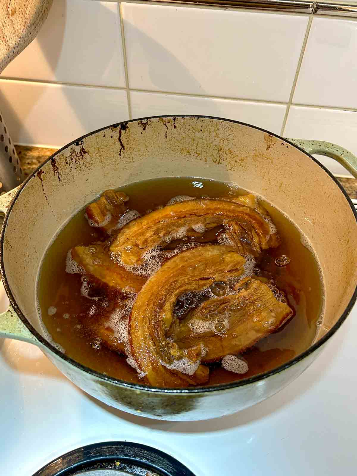 pork belly golden brown after frying for two hours.