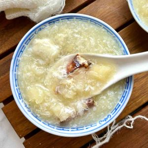 overhead shot of Chinese fish maw soup in small bowl.