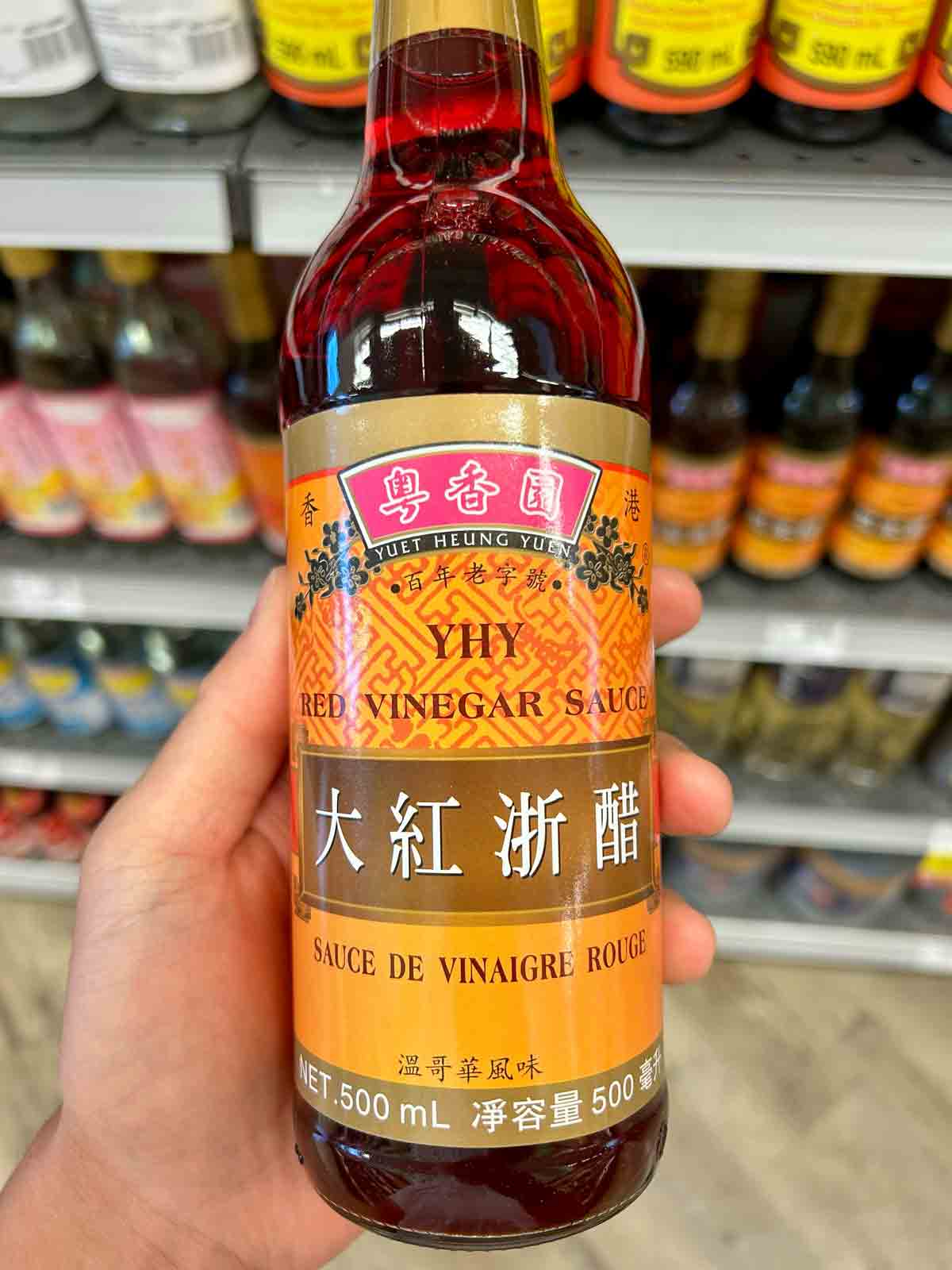 bottle of red vinegar sauce.