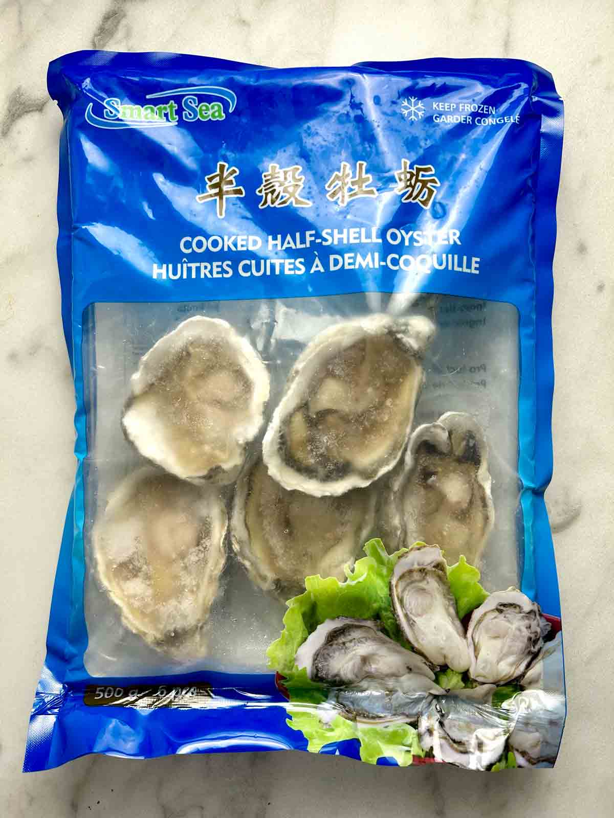 bag of frozen oysters in the half shell.