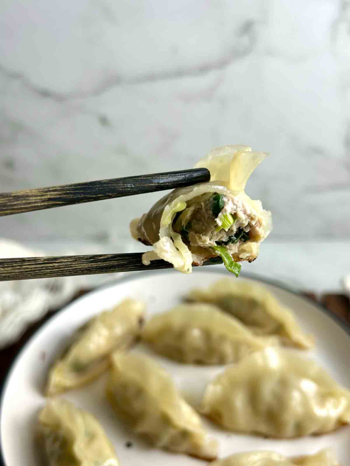 chopstick holding piece of dumpling.