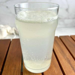 close up of rose water lemonade to show carbonation.