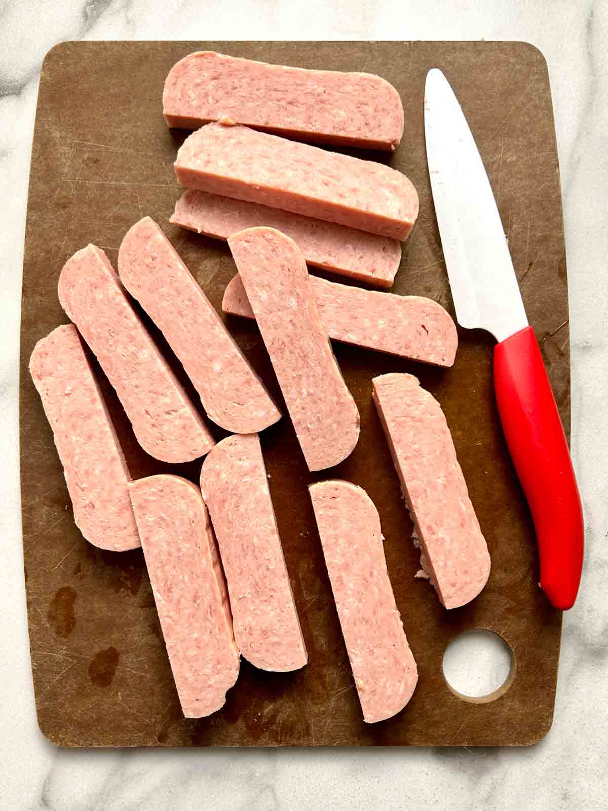 Spam cut into ½ inch thick sticks.