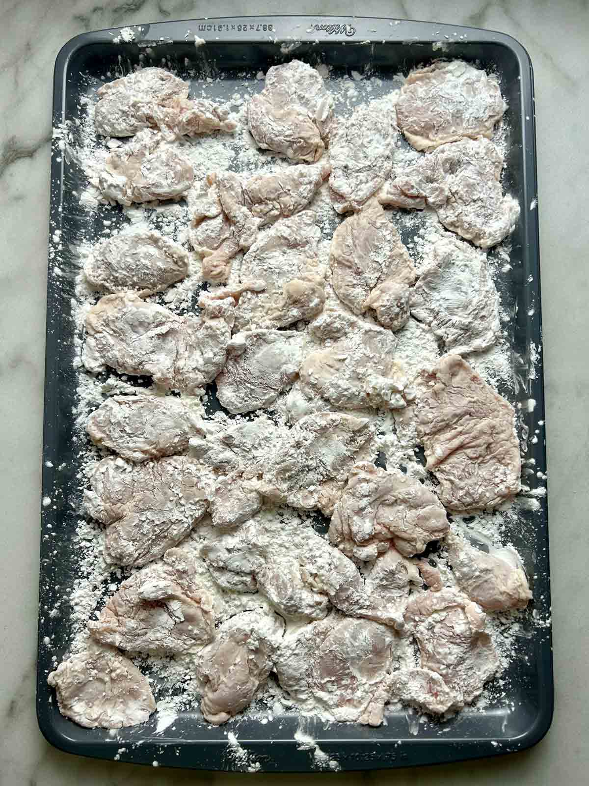 chicken pieces dredged in starch mixture.