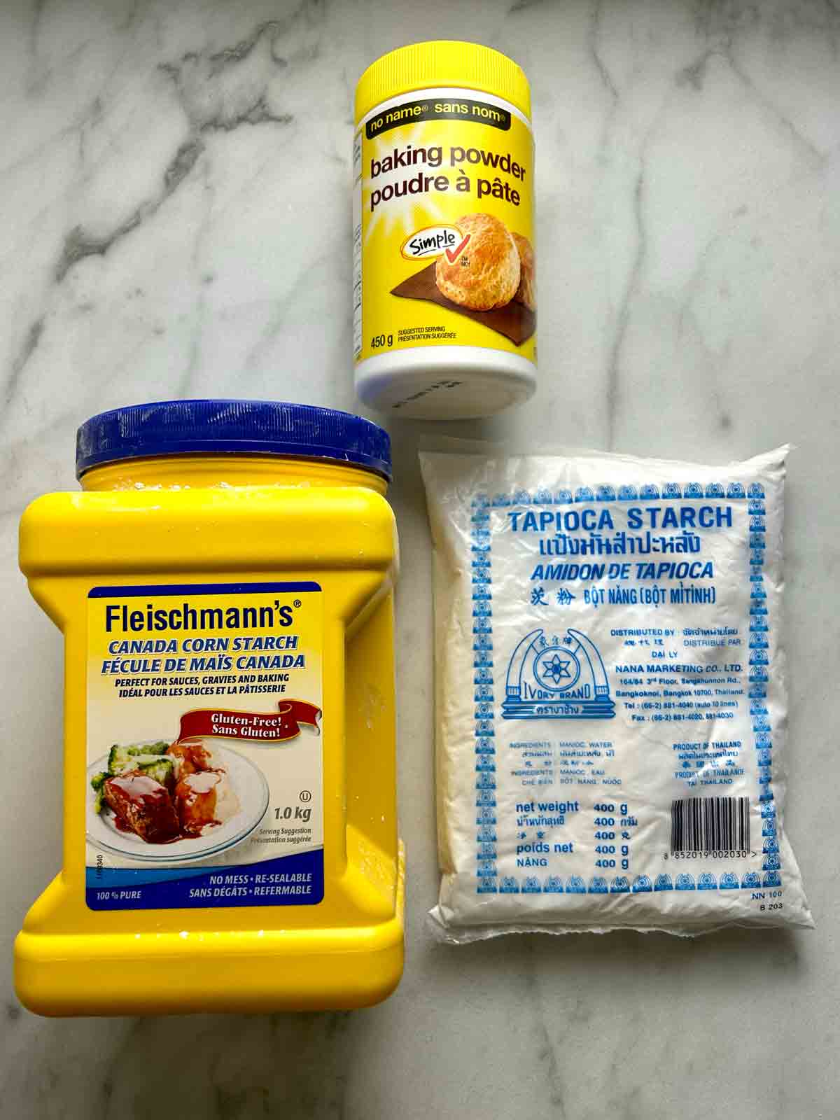 containers of cornstarch, baking powder, and tapioca starch.