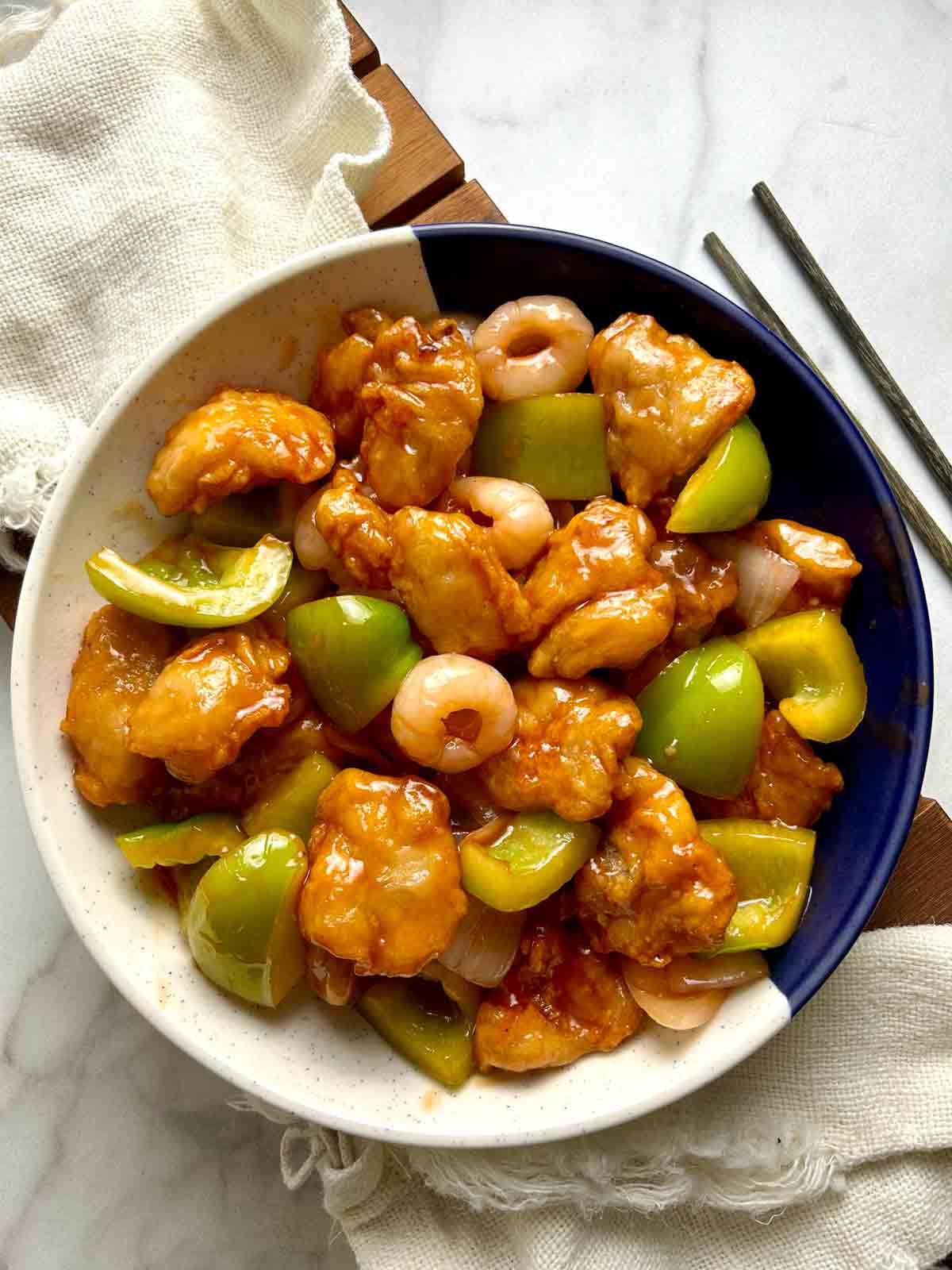 sweet and sour chicken on plate.