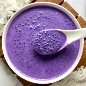 ube sago in bowl.