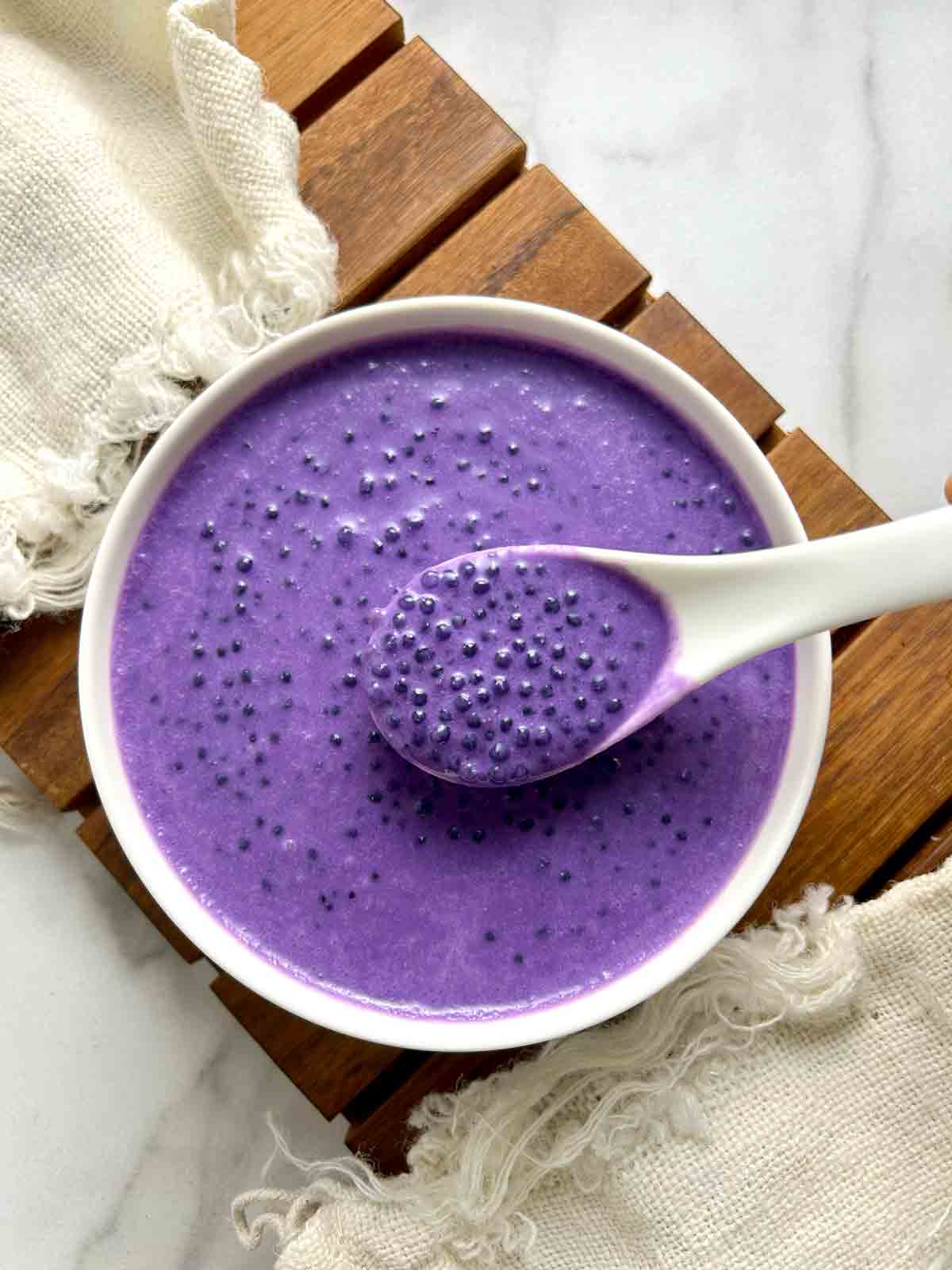 ube sago in bowl.