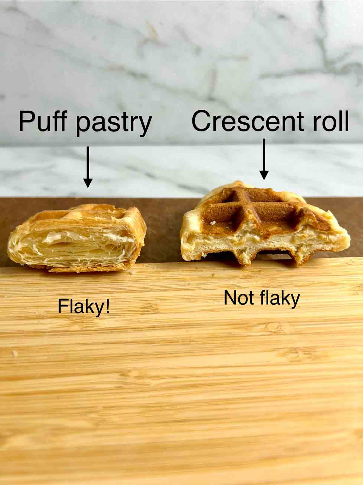 comparison showing cross-section of croffles made with puff pastry versus crescent roll