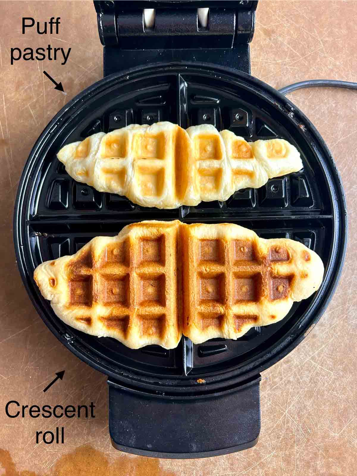 puff pastry and crescent roll croffles in waffle iron.