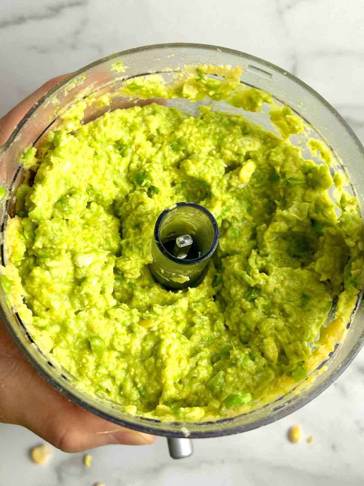 chickpeas, peas, and corn blended in food processor.