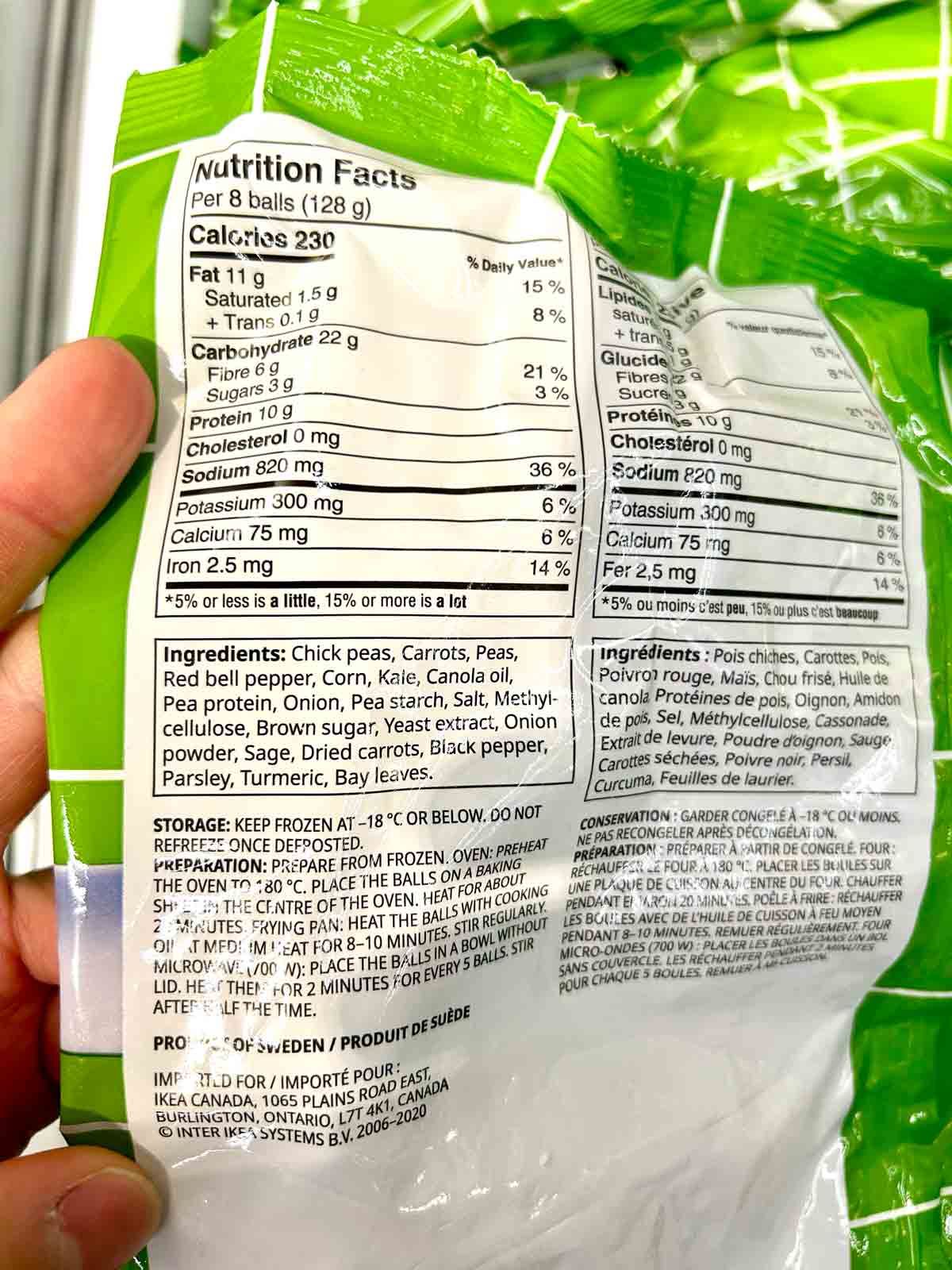 ingredient list from frozen Ikea veggie balls packaging.