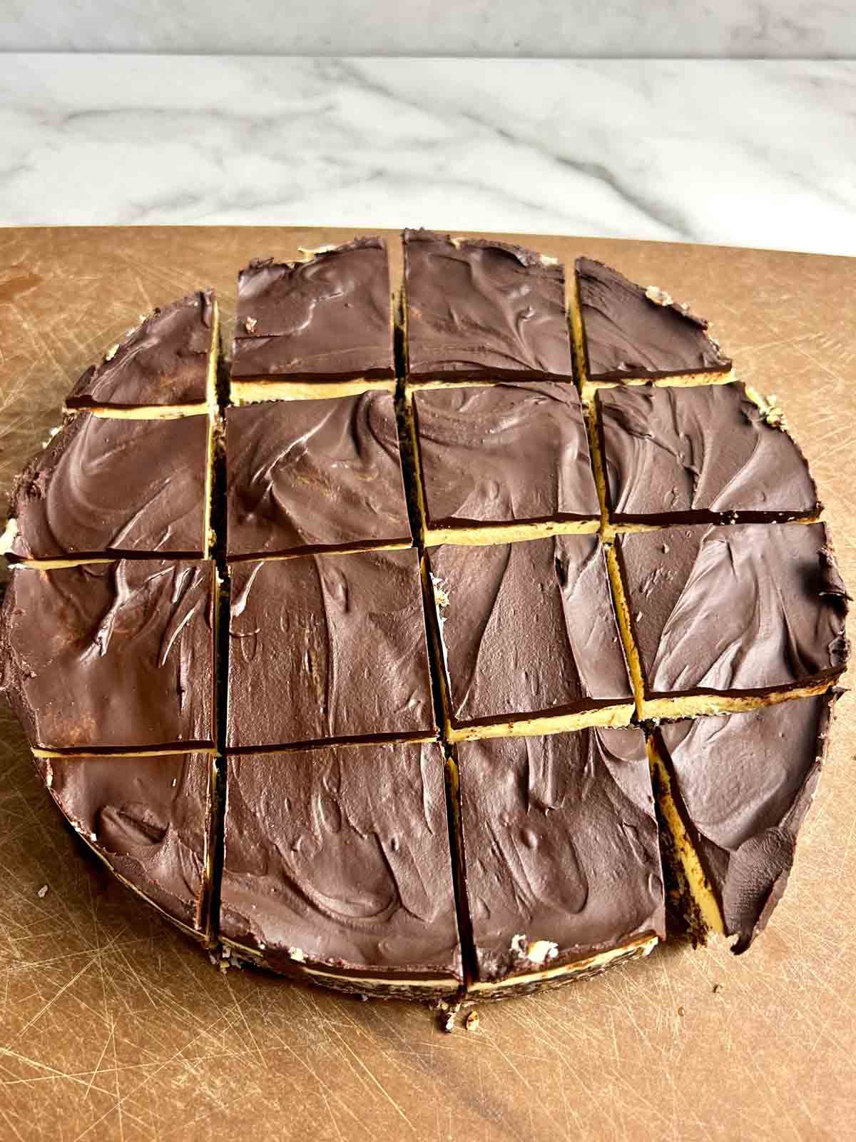 Nanaimo bars cut into squares.