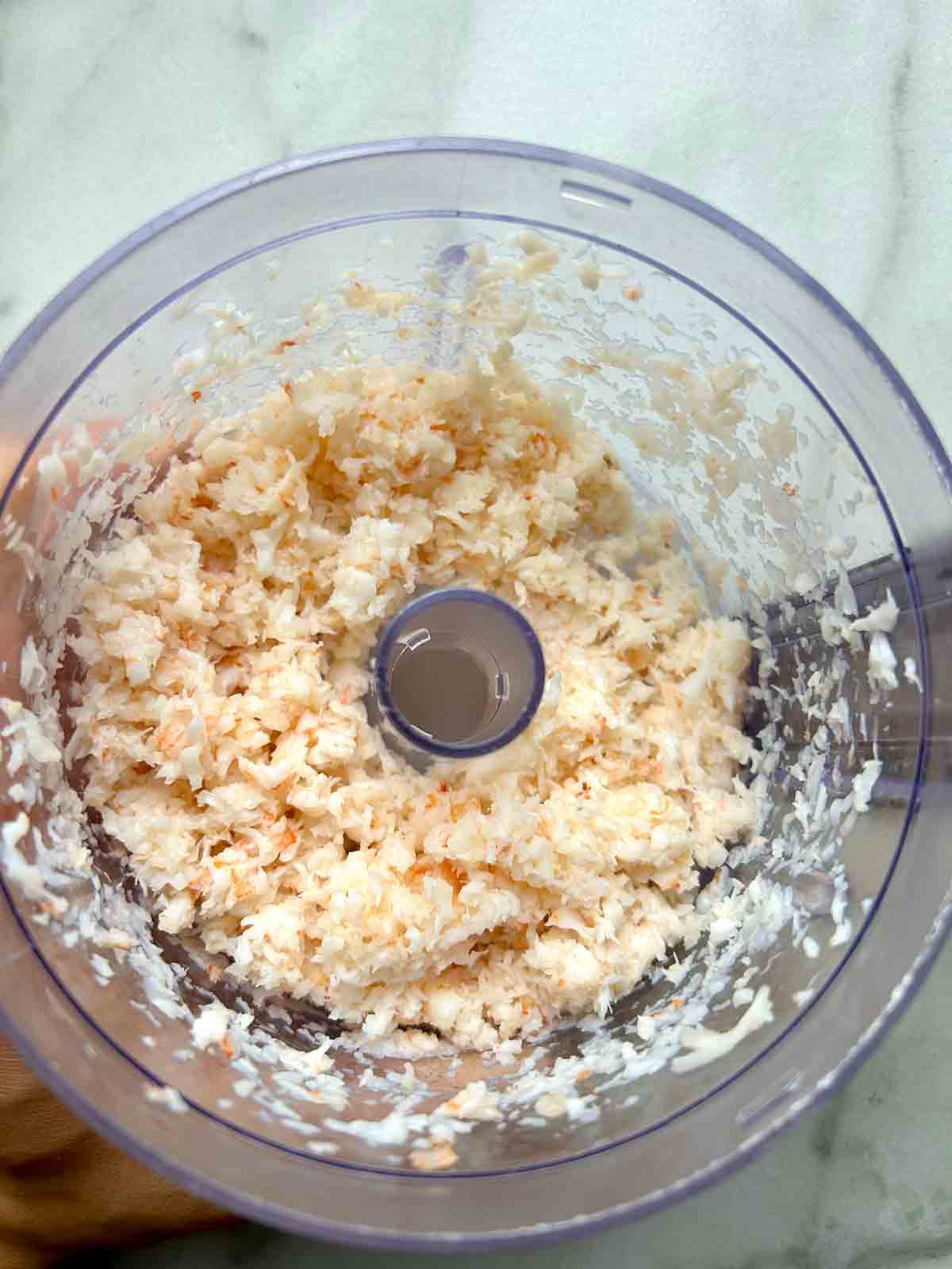 minced shrimp in food processor.