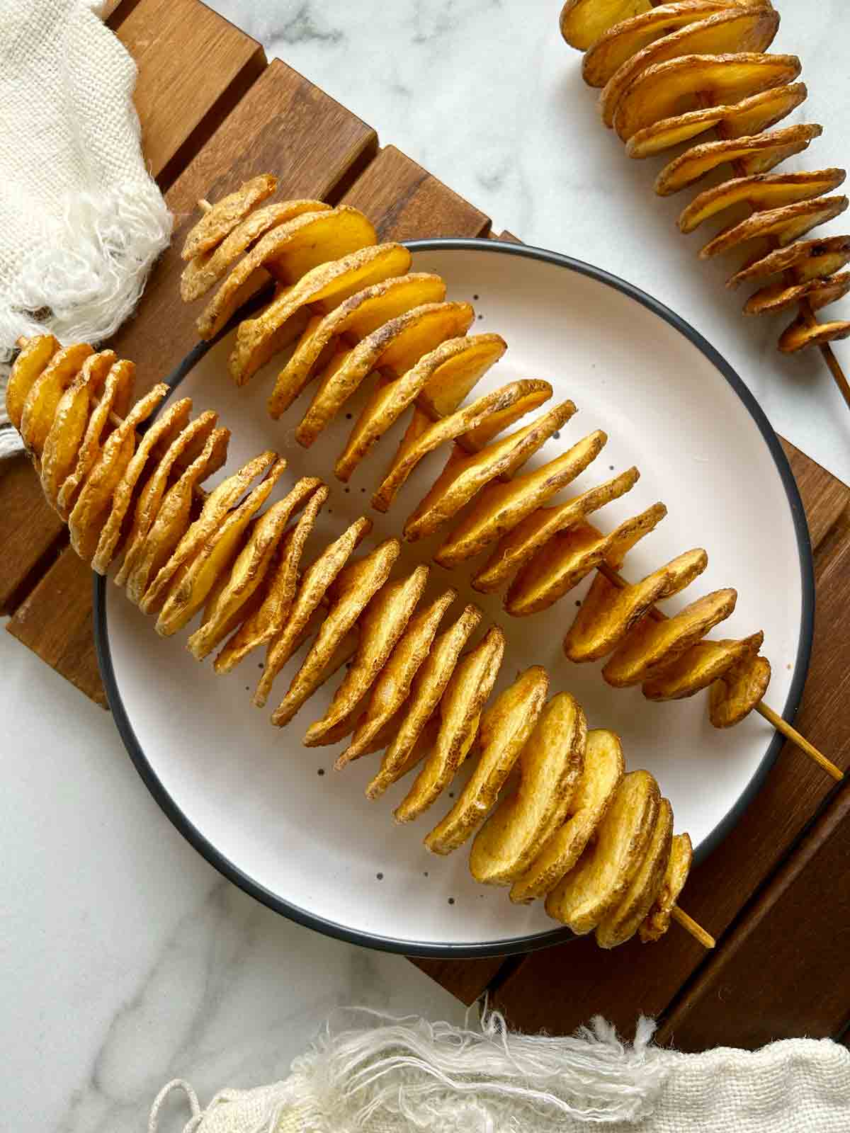 tornado potatoes on plate.