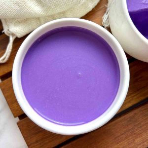 overhead shot of ube panna cotta in ramekin.