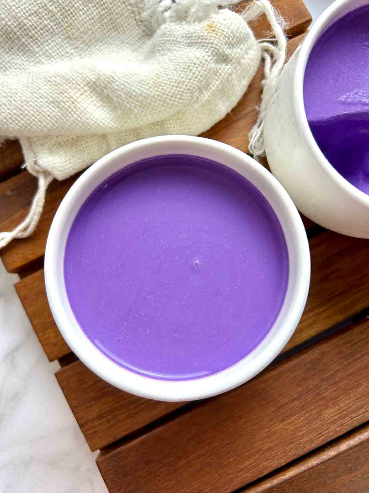 overhead shot of ube panna cotta in ramekin.