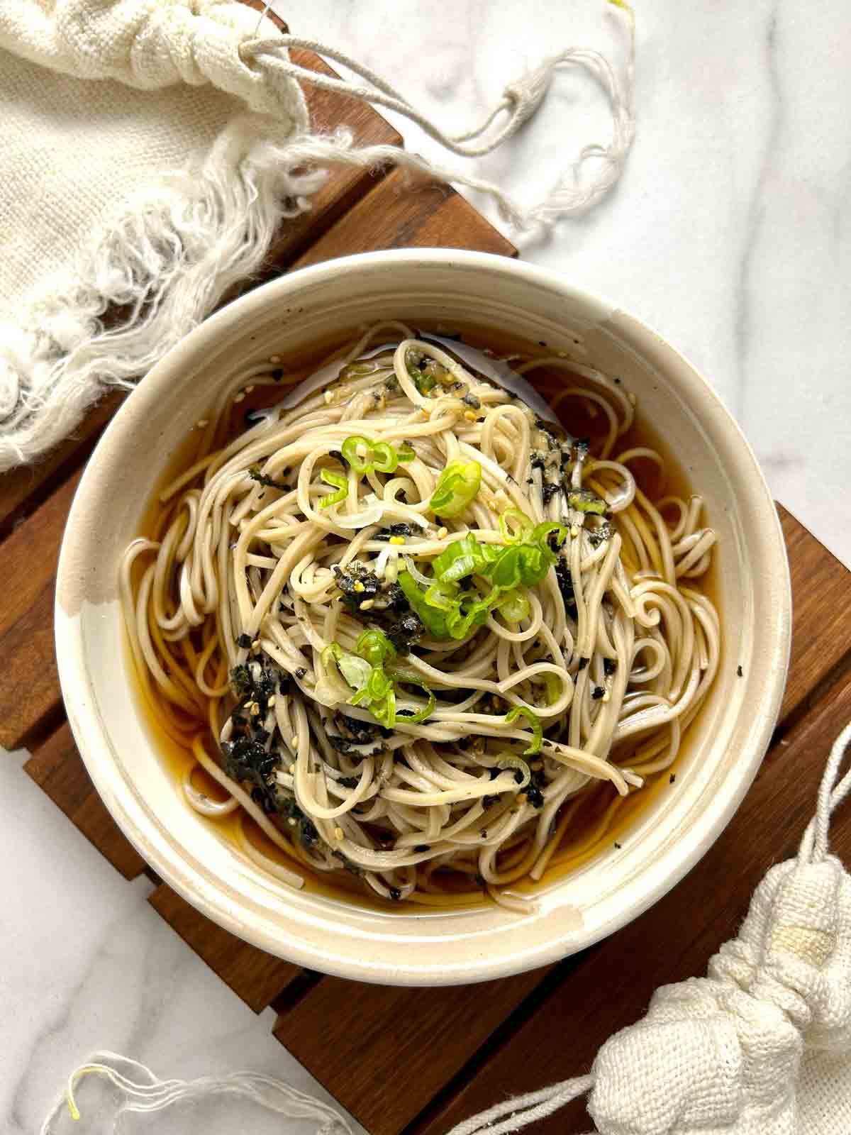 zaru soba in a ceramic bowl.