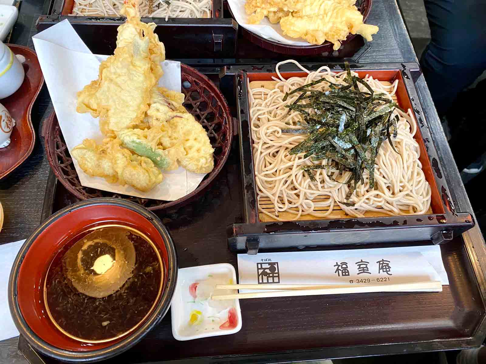 platter of zaru soba, dipping sauce, and tempura.