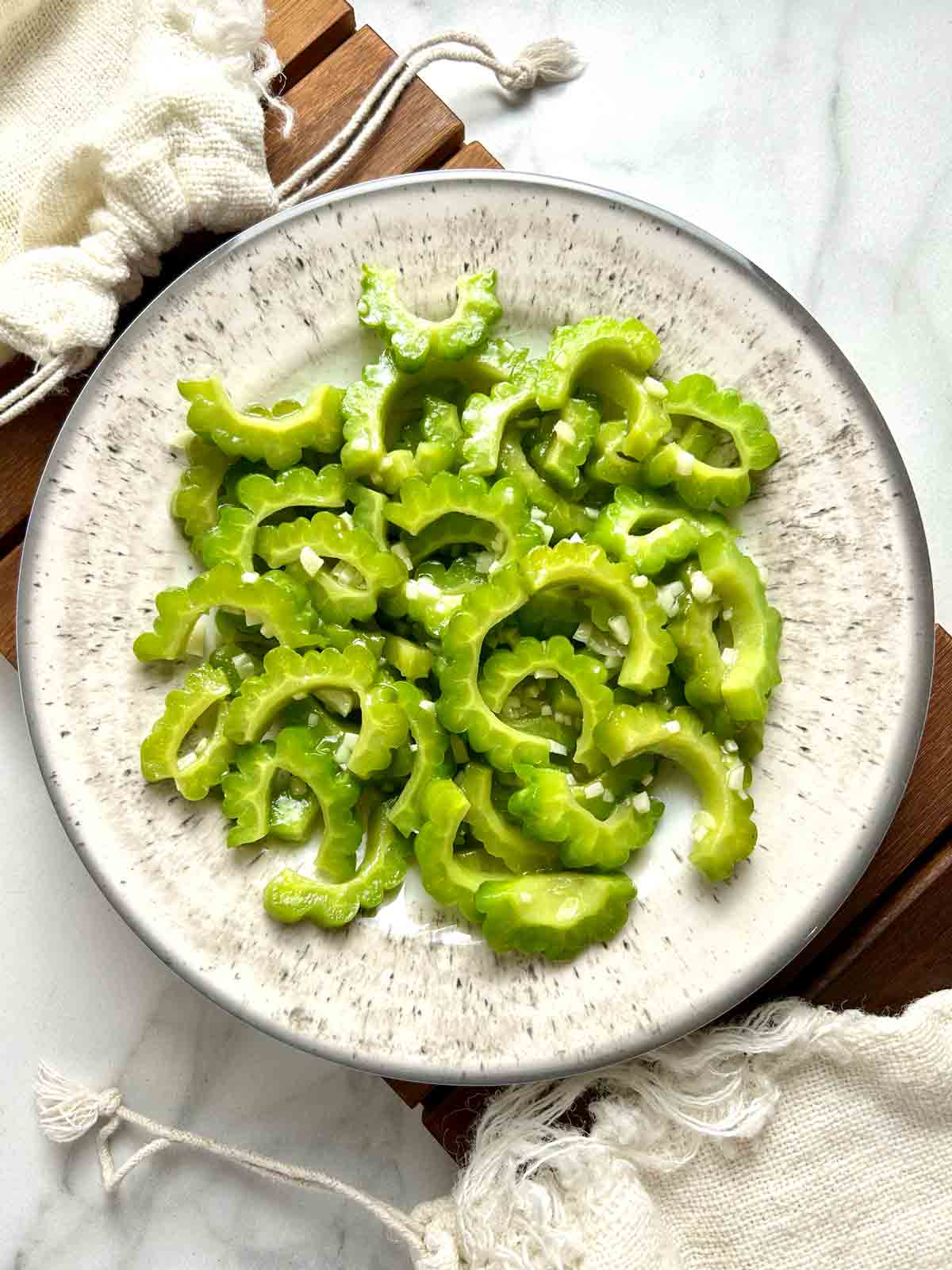 bittermelon stir fry on plate.