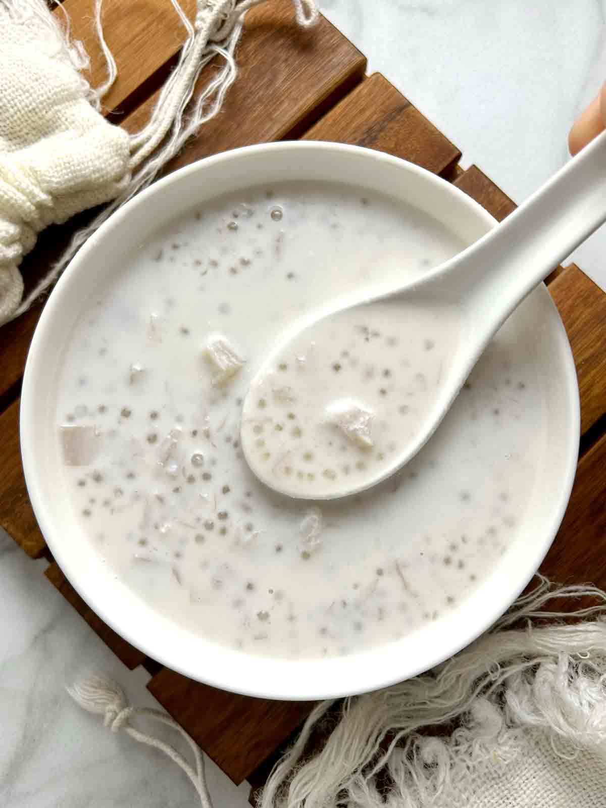 bowl of coconut tapioca taro soup.