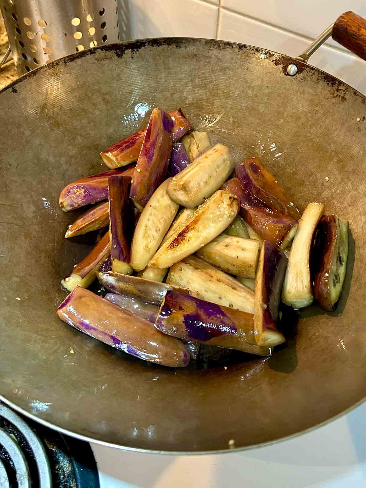 eggplant batons after being seared and steamed.