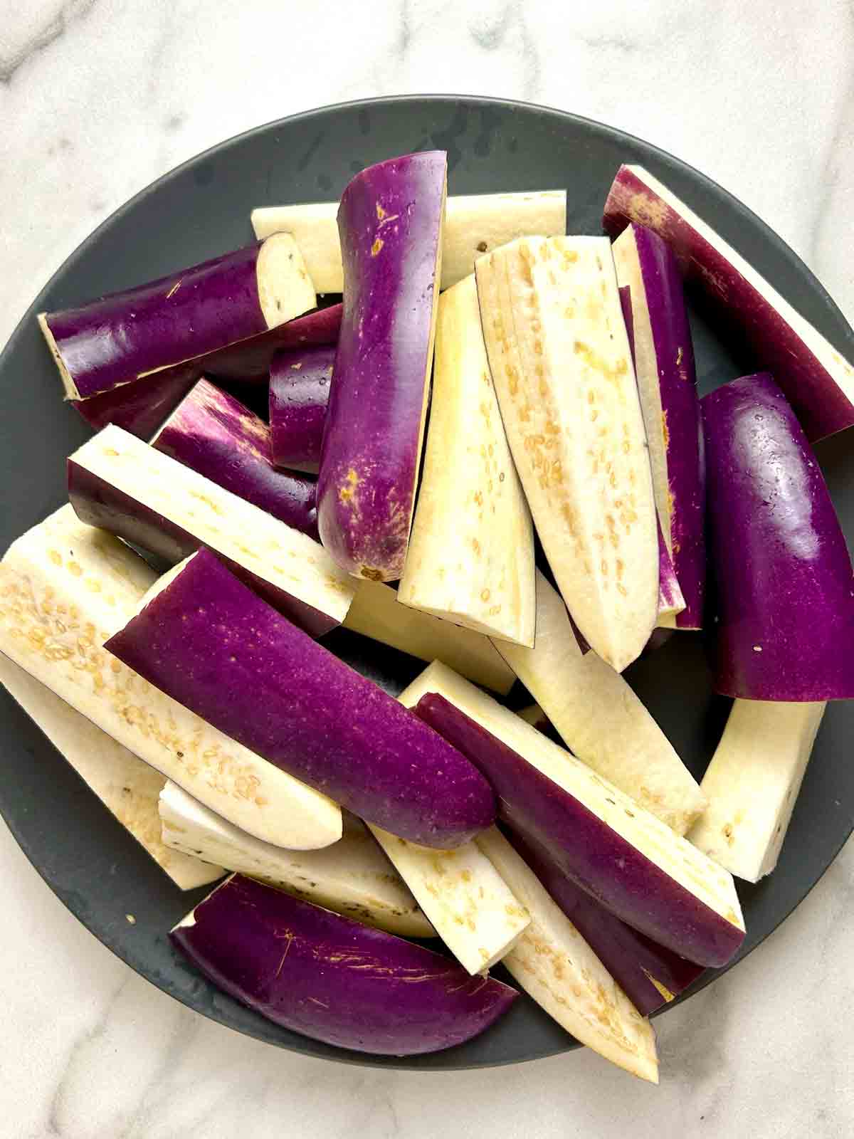 eggplant sliced in batons.