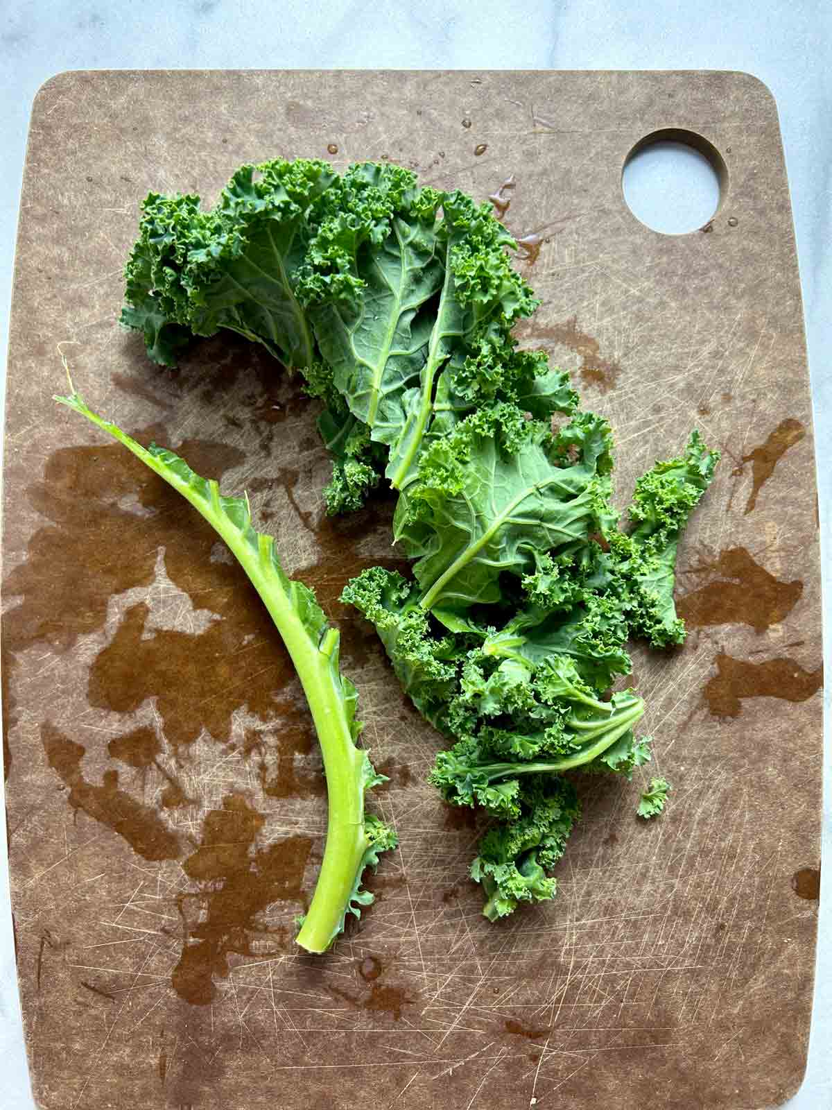 kale leaf being separated from the stem.