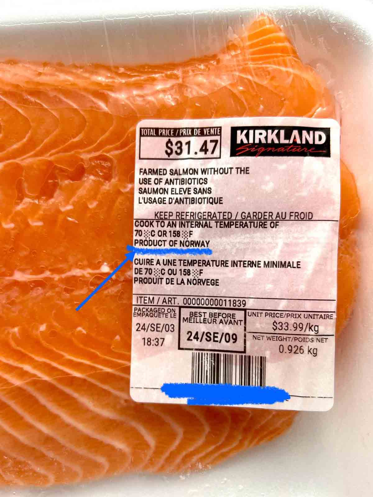 package of farmed salmon from Costco.