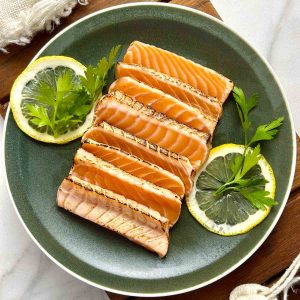 plate of salmon tataki.