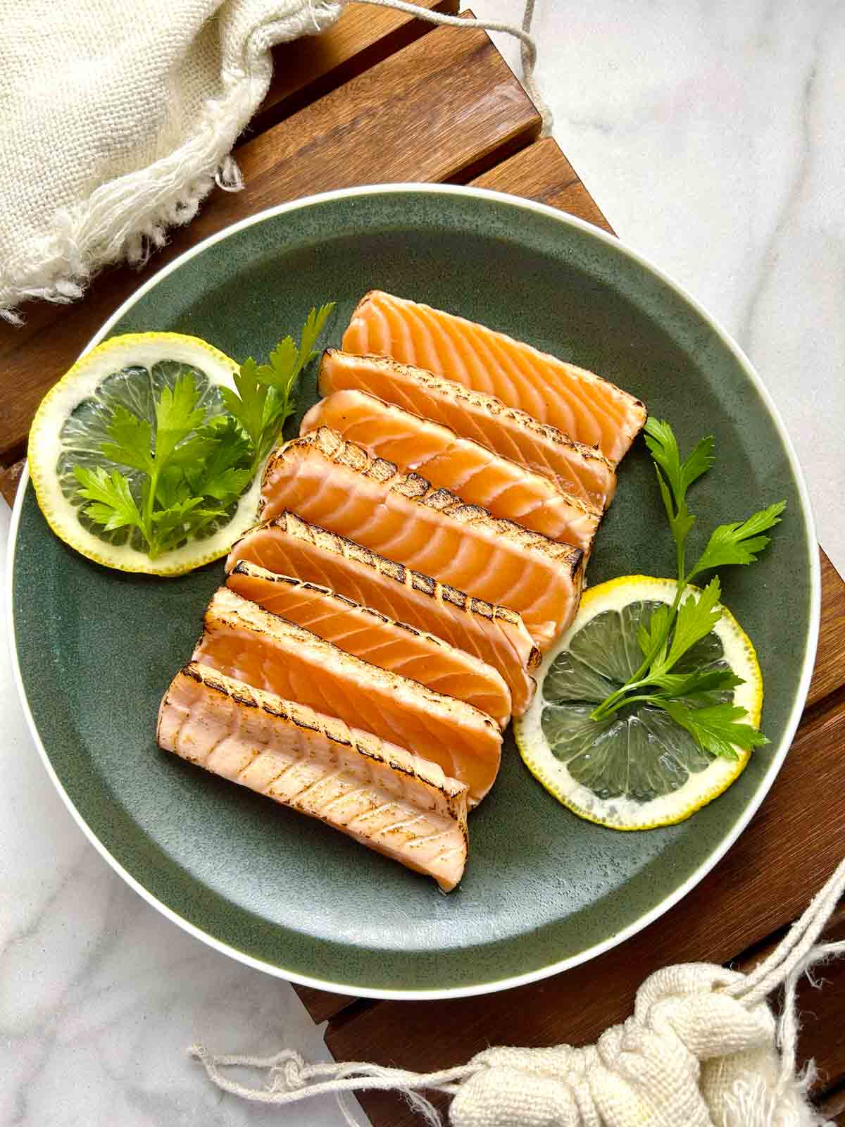 plate of salmon tataki.