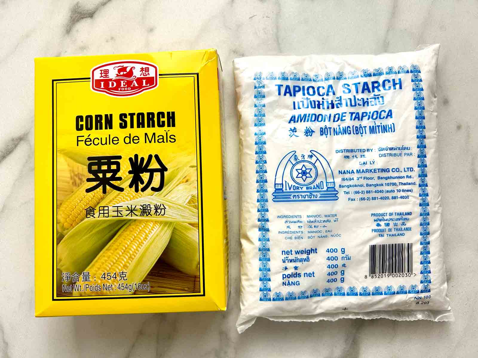 box of cornstarch and bag of tapioca starch.