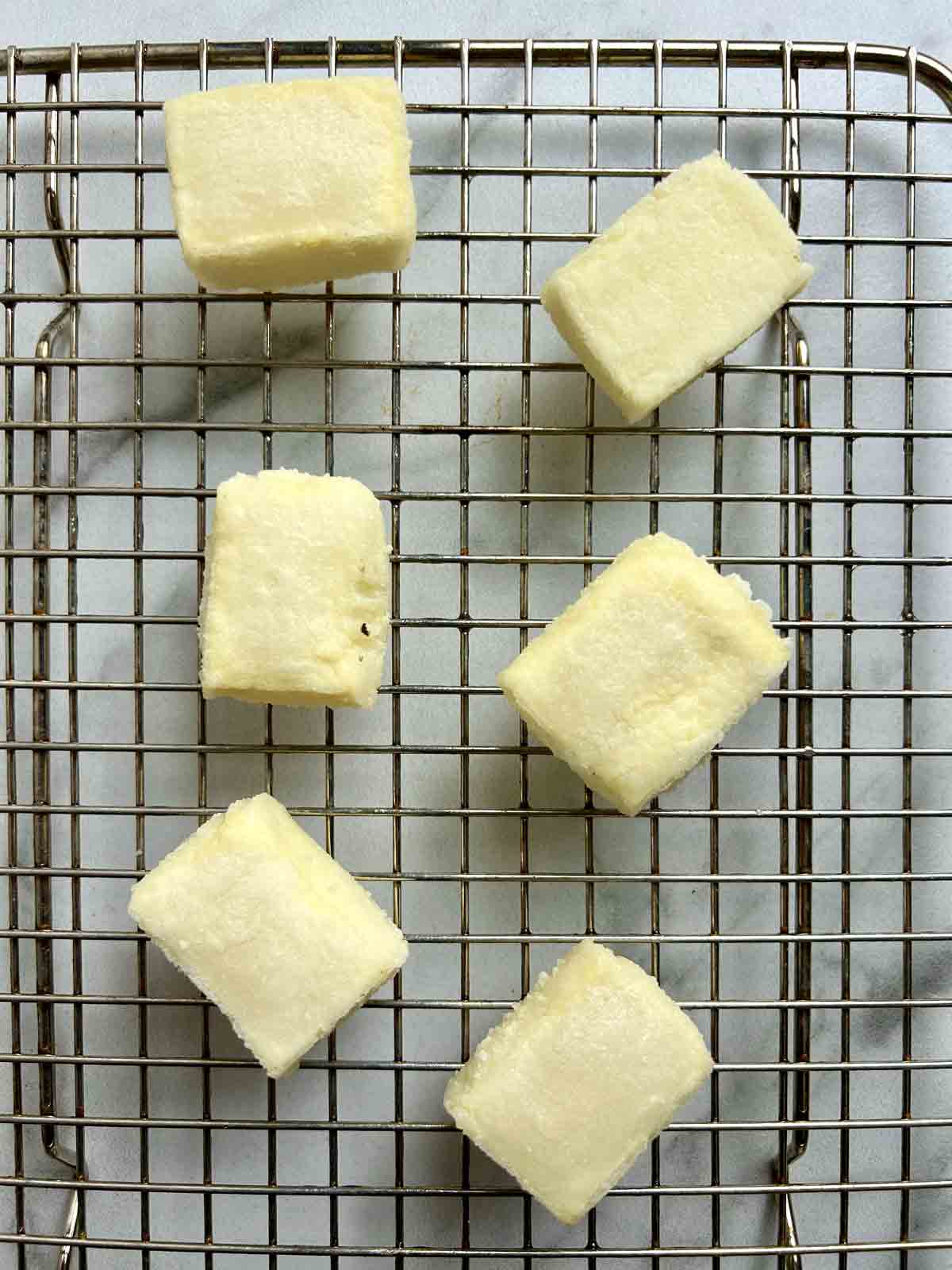 agedashi tofu drying on wire rack.