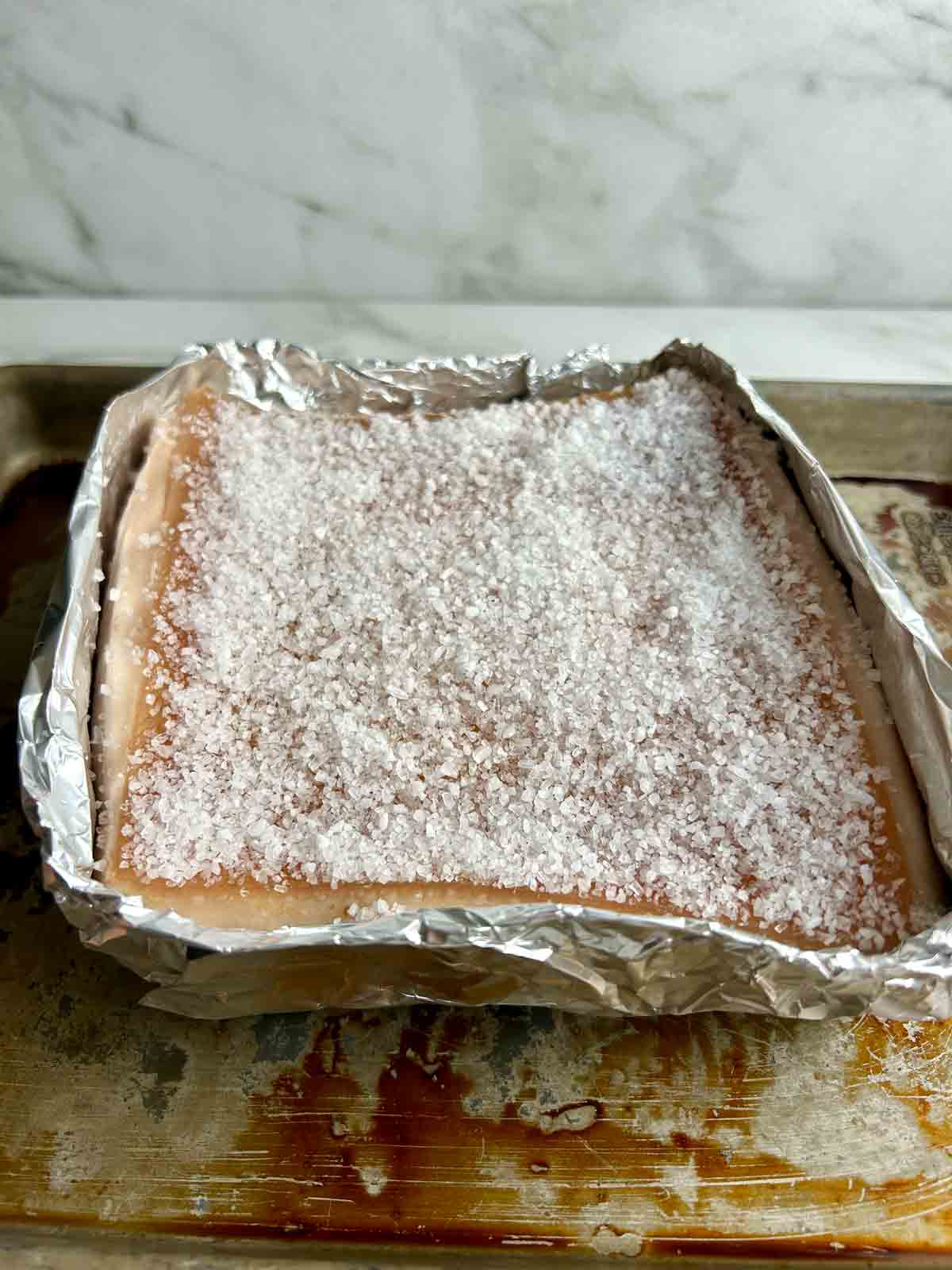 layer of vinegar and salt applied to pork belly skin.