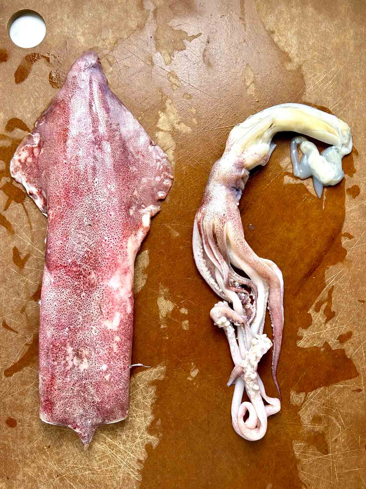 squid tentacles and innards separated from head.