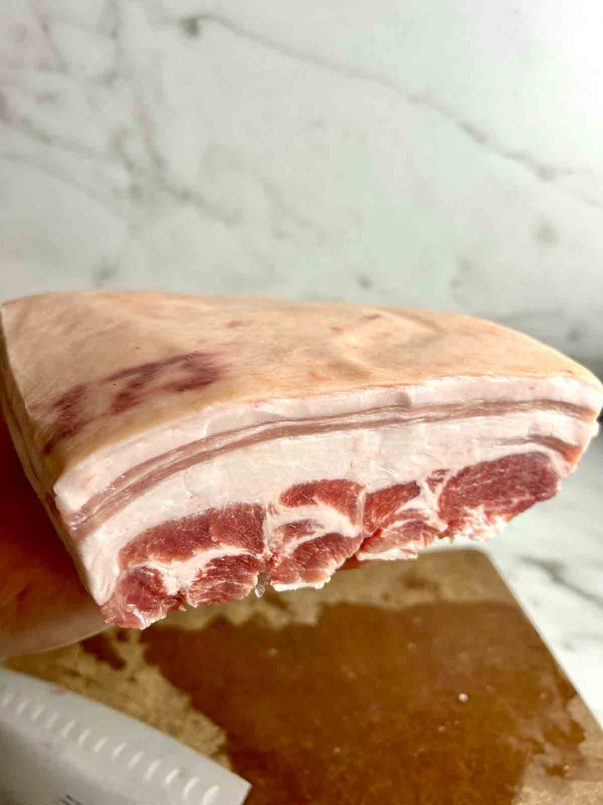 cut of pork belly showing layers of fat and meat.