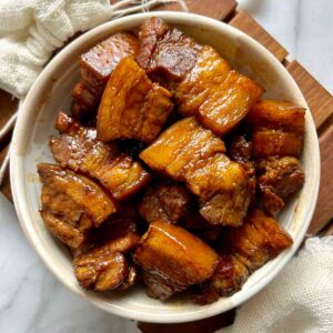 overhead shot of red braised pork belly.