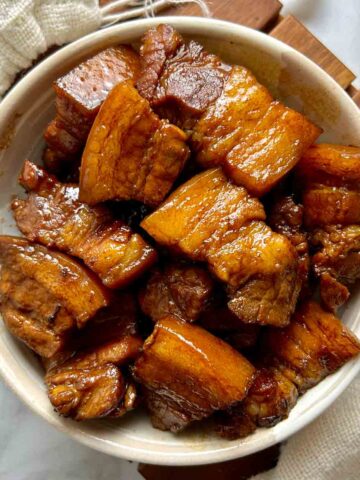 overhead shot of red braised pork belly.