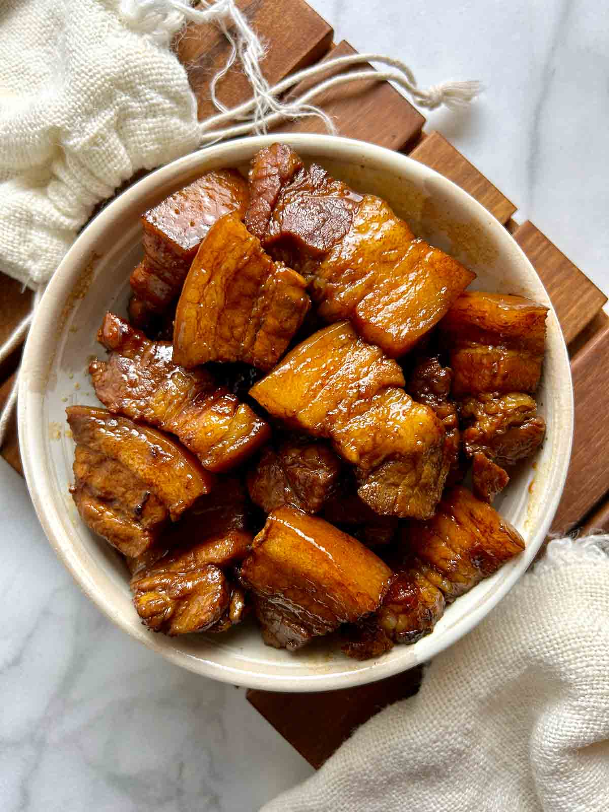 overhead shot of red braised pork belly.