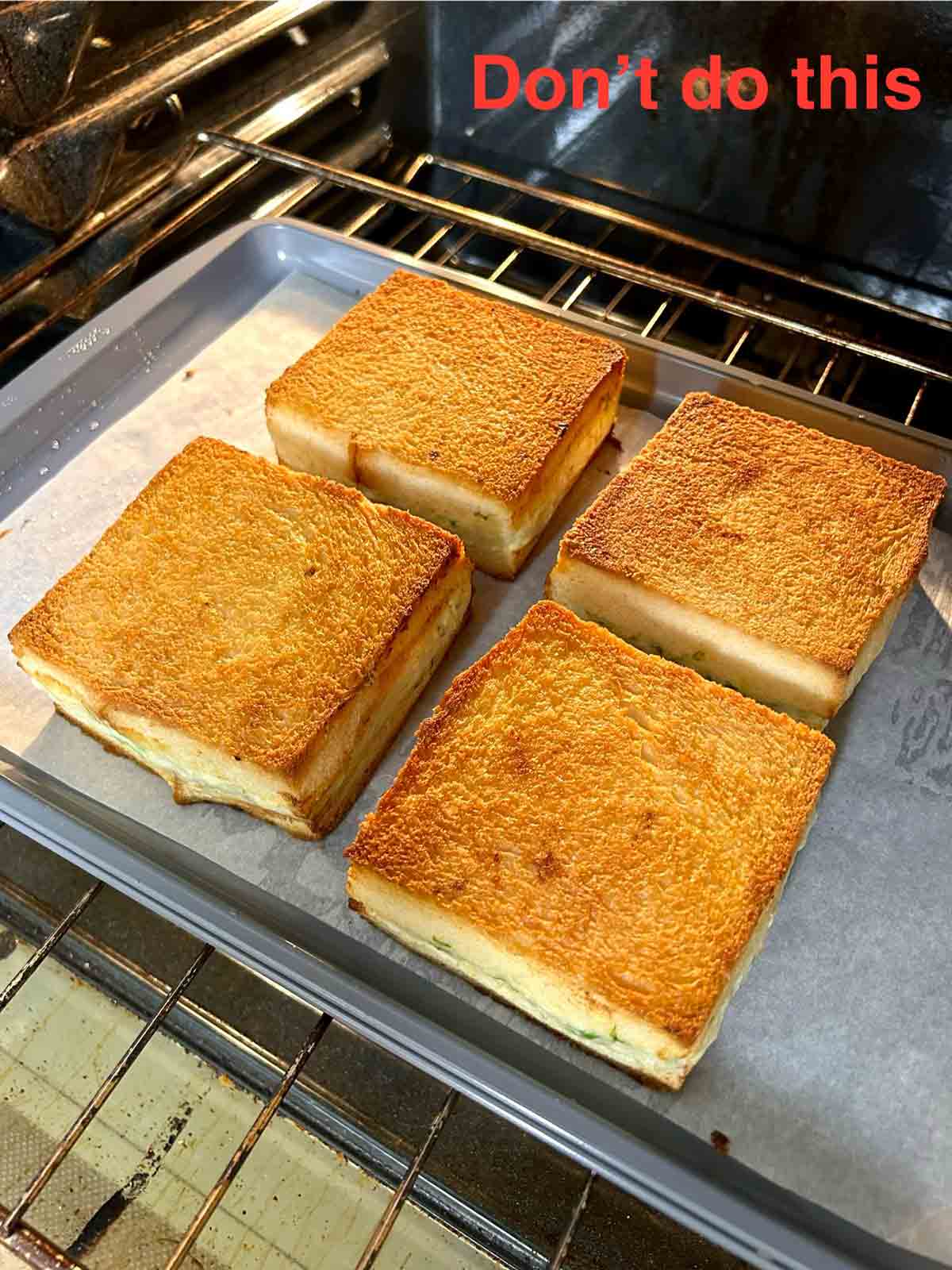 shrimp toast with two pieces of bread per sandwich.