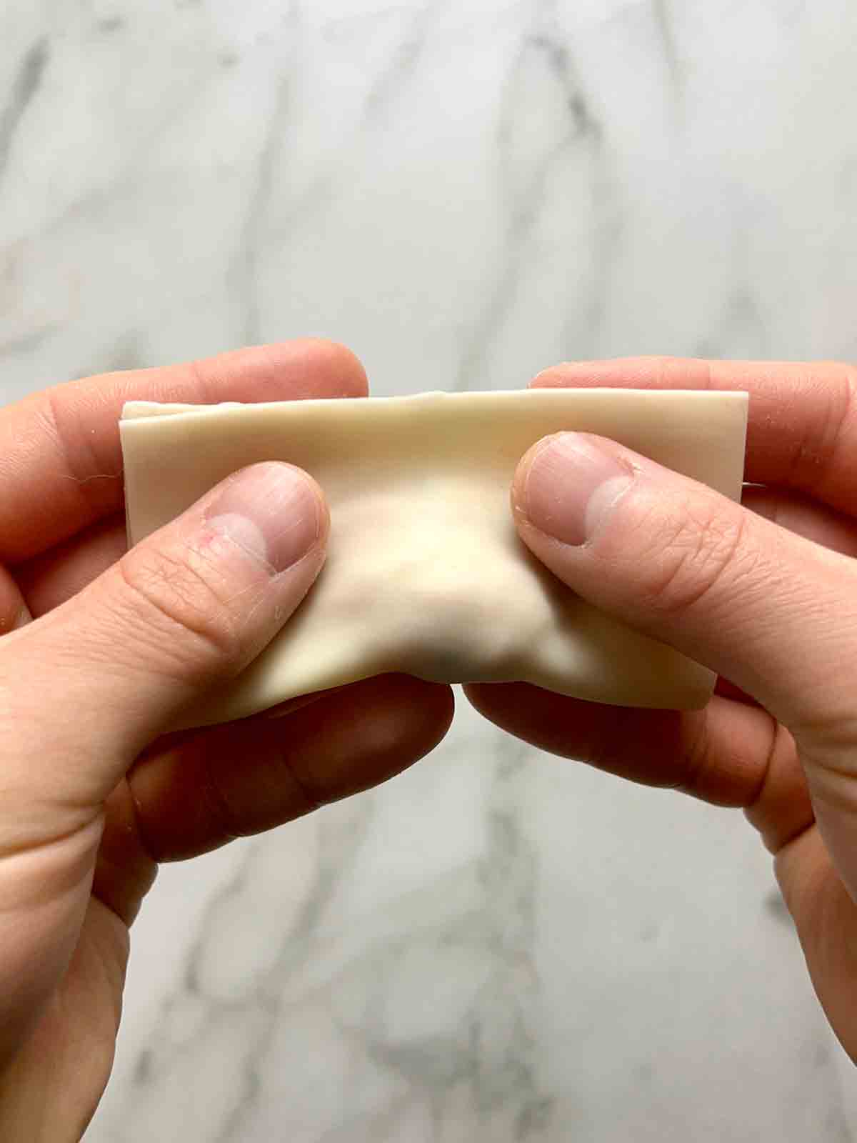 wonton being folded in half to form rectangle.